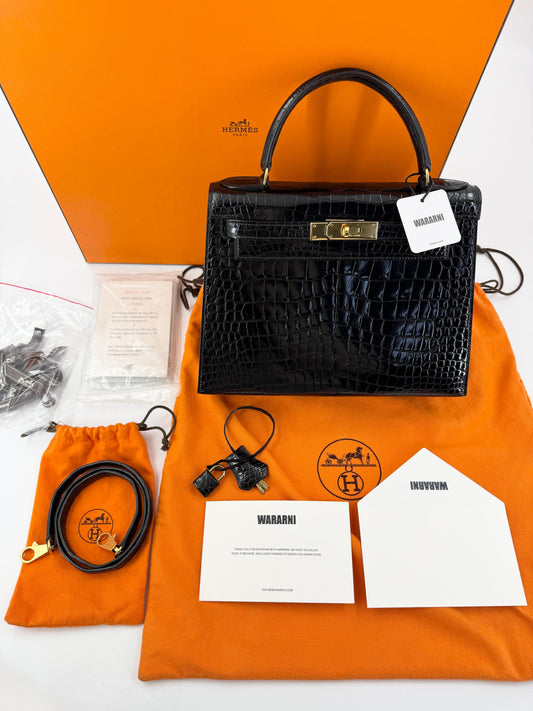 Hermes kelly 28 black shiny crocodile leather Gold hardware