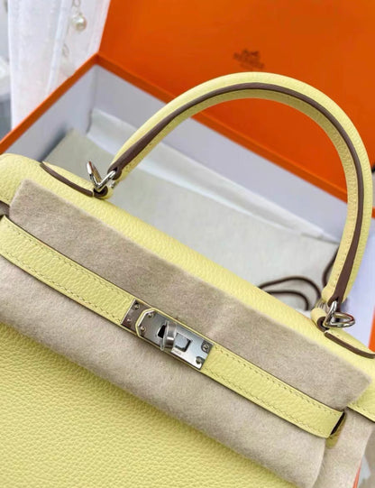 Hermes Kelly 25 Jaune Poussin Togo Leather Palladium hardware