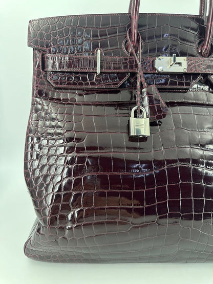 Hermes Birkin HAC 50 Bordeaux Shiny Crocodile leather palladium hardware