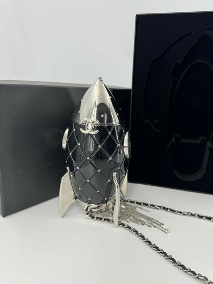 Chanel 2017 Plexiglass and Rhinestone Limited Edition Black Rocket Ship Minaudière Bag