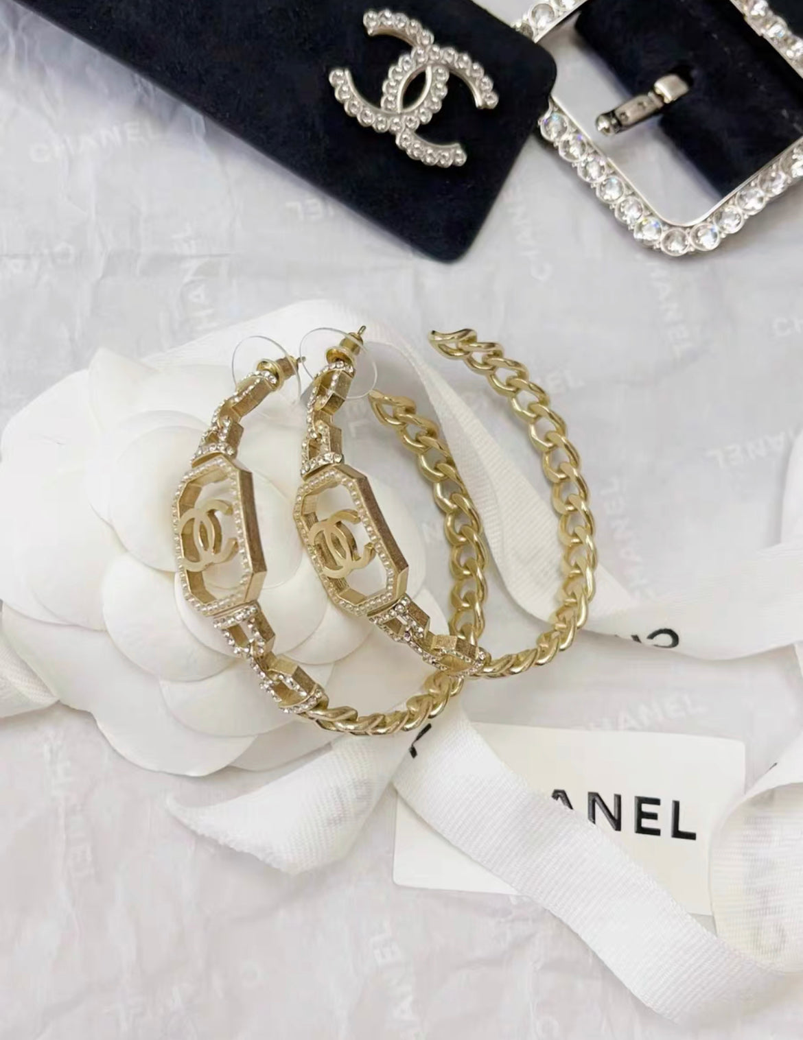 Chanel gold CC chain diamond hoop earrings