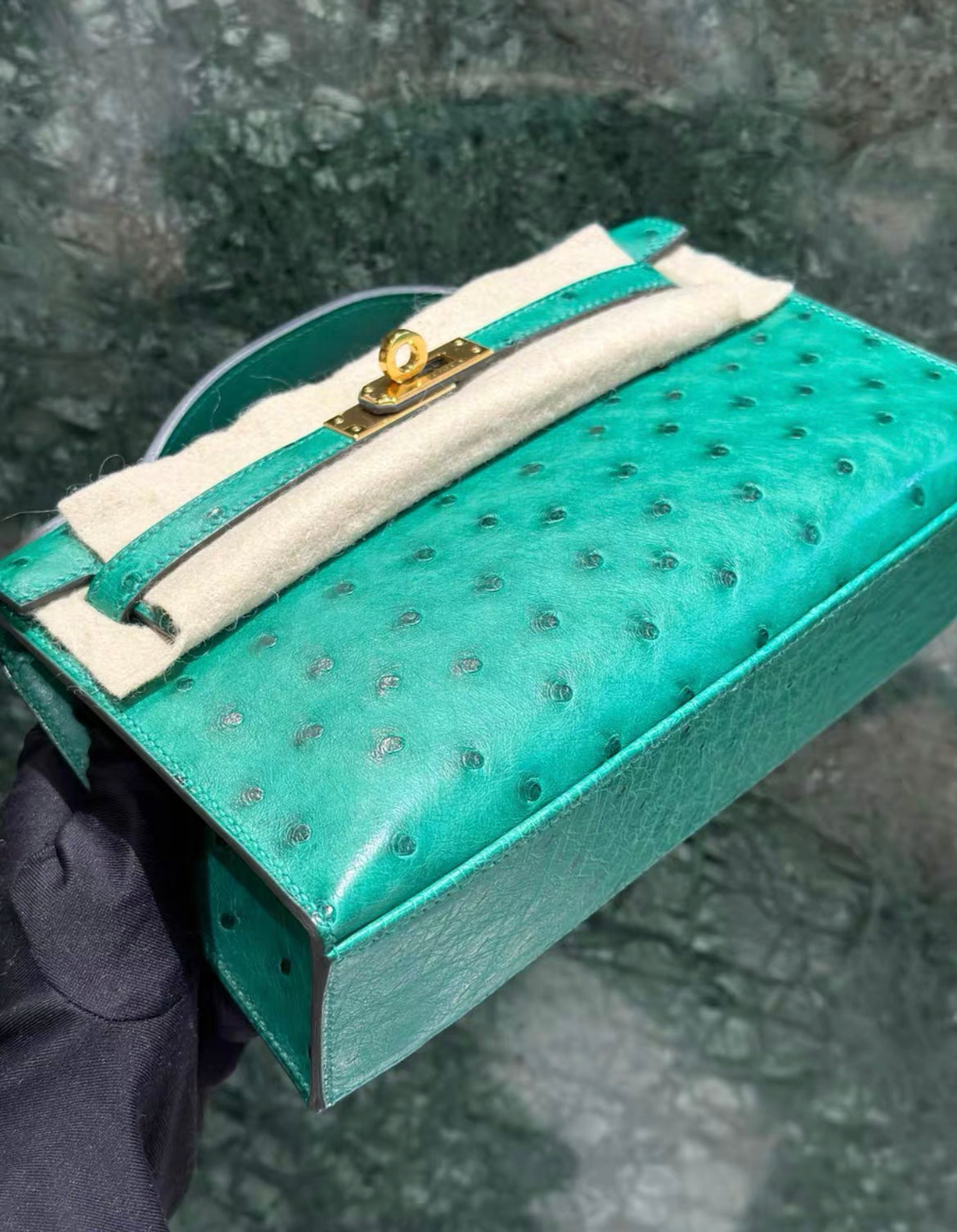 Hermès Kelly Pochette Vert Verone Ostrich Gold Hardware