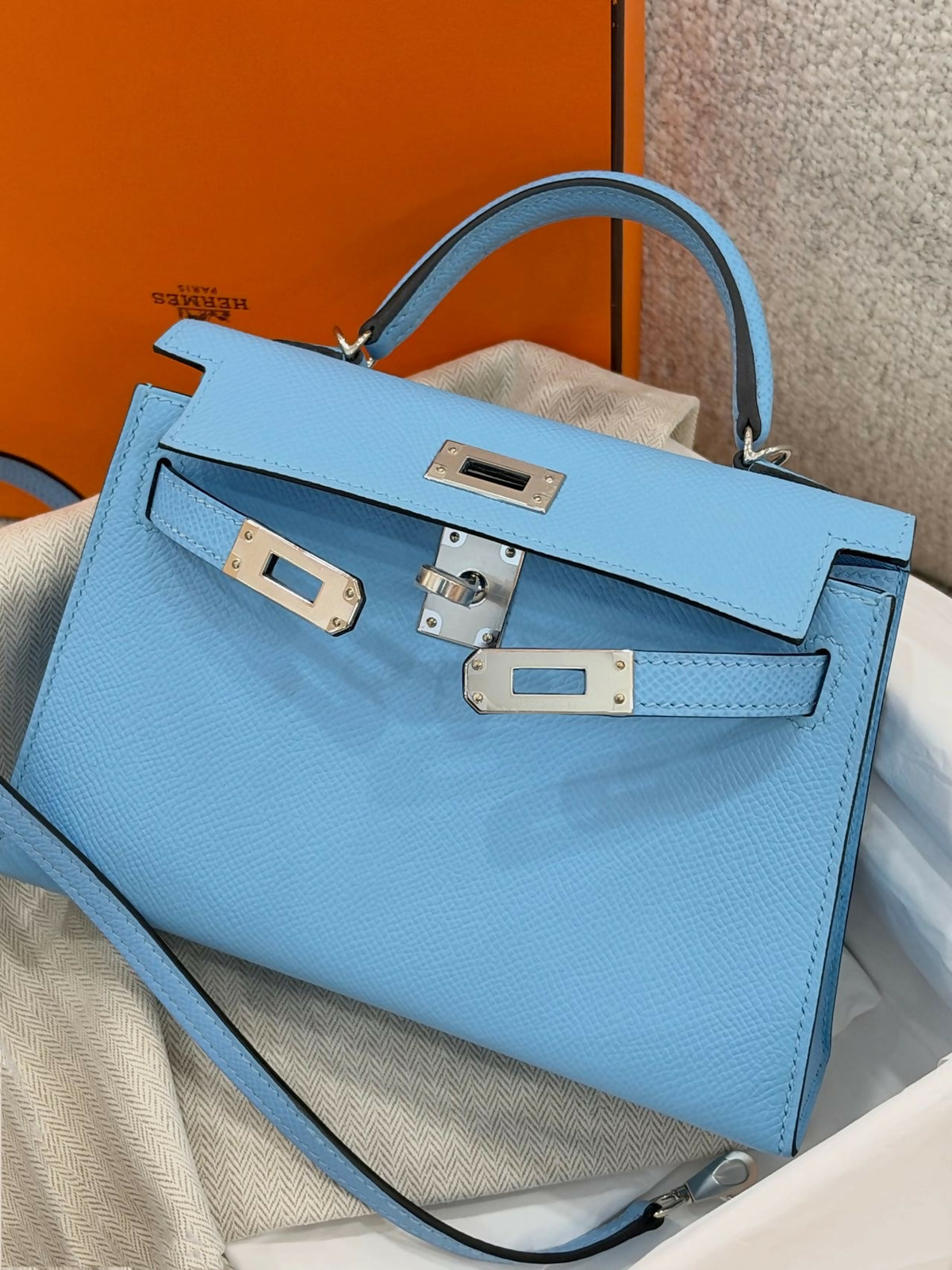 Hermès Mini Kelly II Bleu Céleste Epsom Leather with Palladium Hardware B Stamp