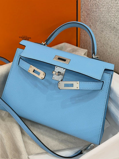 Hermès Mini Kelly II Bleu Céleste Epsom Leather with Palladium Hardware B Stamp