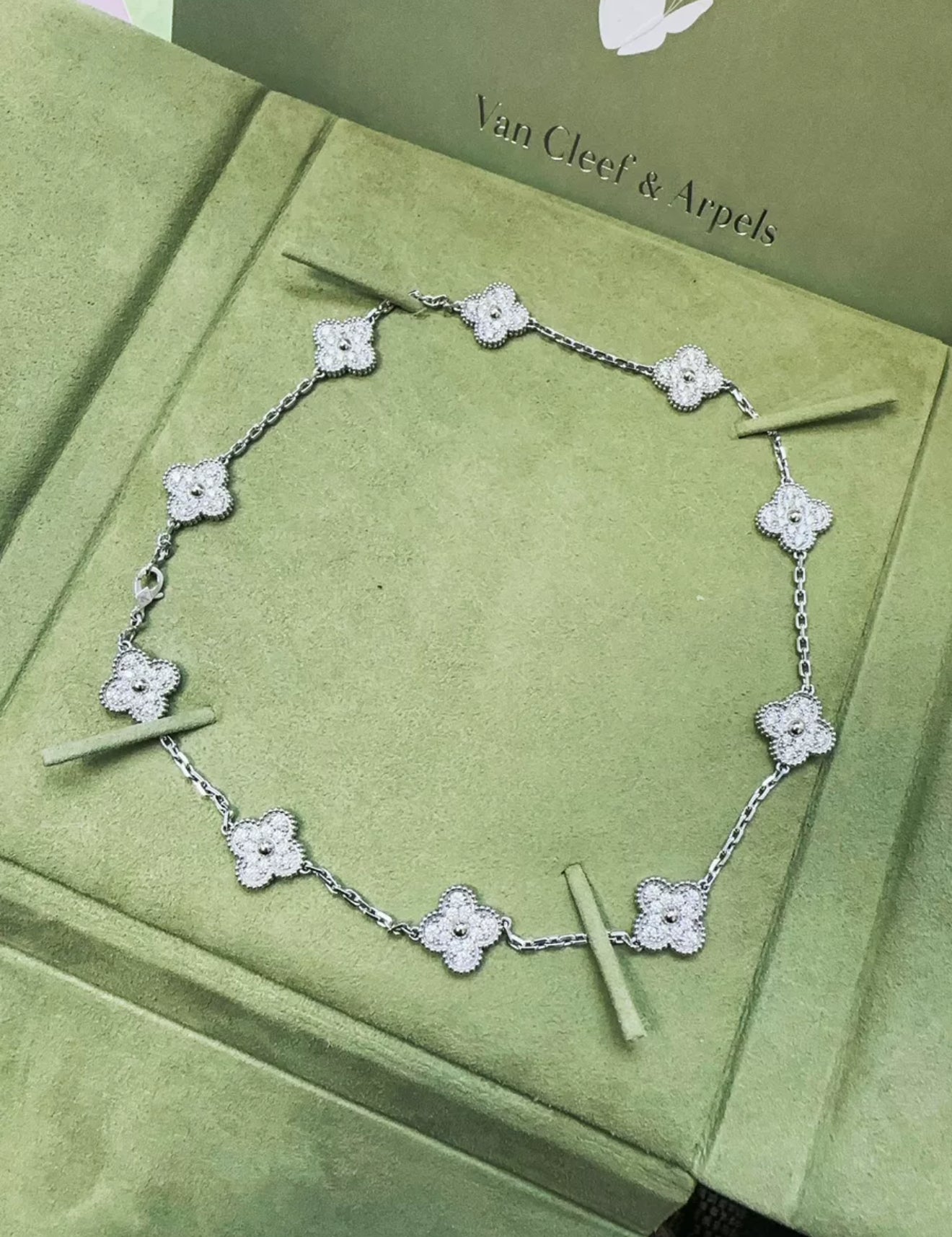 Van Cleef & Arpels 18k White Gold Diamond Set Vintage Alhambra Necklace