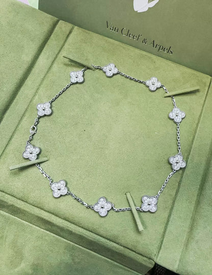 Van Cleef & Arpels 18k White Gold Diamond Set Vintage Alhambra Necklace
