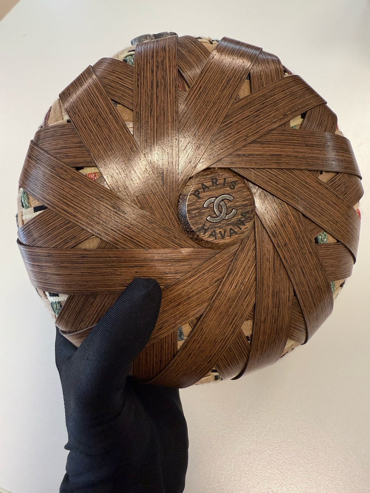 Rare Chanel “Havana By Night” Round Woven Wood and Tweed Minaudière