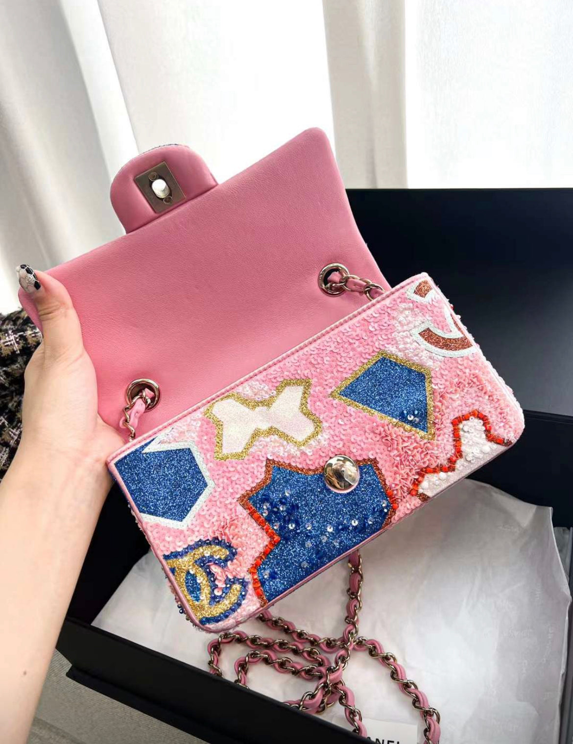 Chanel 23A limited edition sequin mini flap bag pink/blue/white