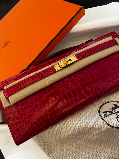 Hermes Kelly cut Braise shiny porosus crocodile leather gold hardware