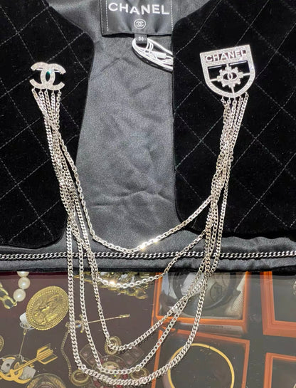 CHANEL Baguette Crystal CC Shield Multi Strand Long Chain Brooch Silver