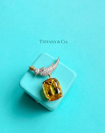 Tiffany & Co. Schlumberger Citrine Diamond Gold Bird on a Rock Brooch