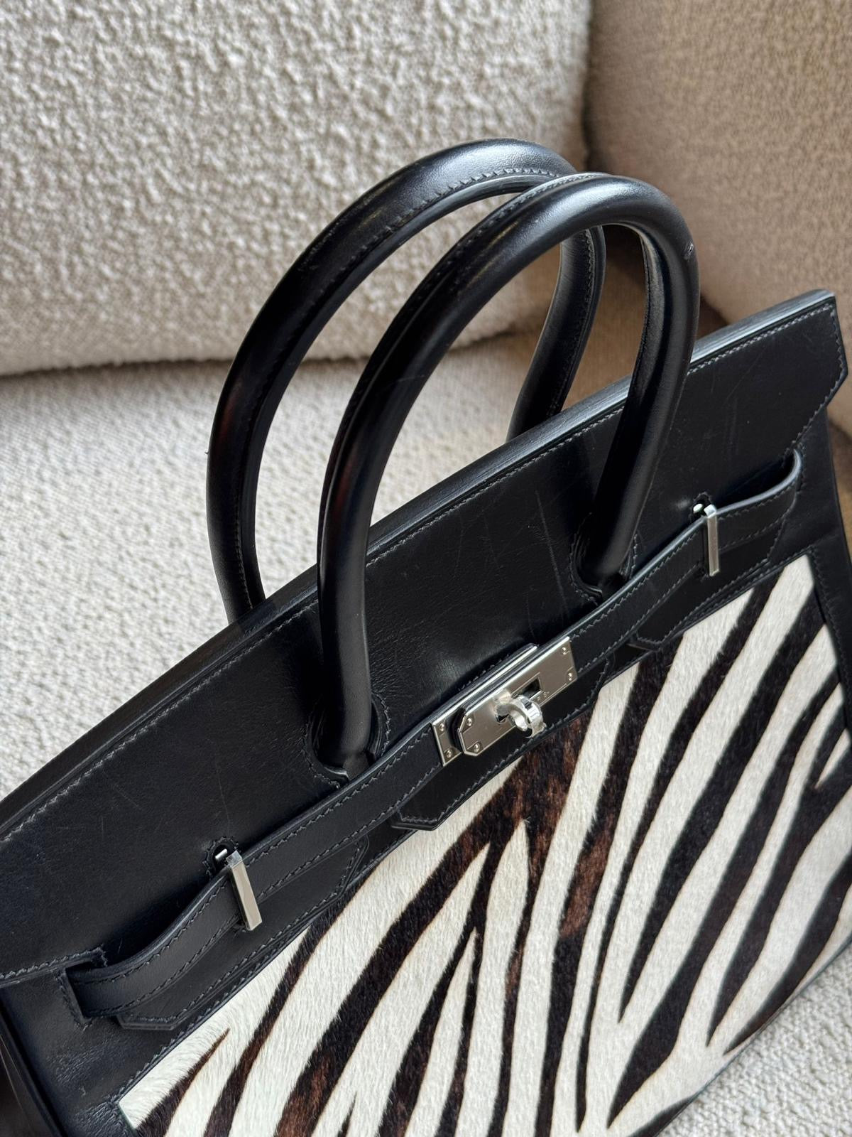 Hermes Birkin 35 Black Box Zebra Print Pony Fur Palladium hardware