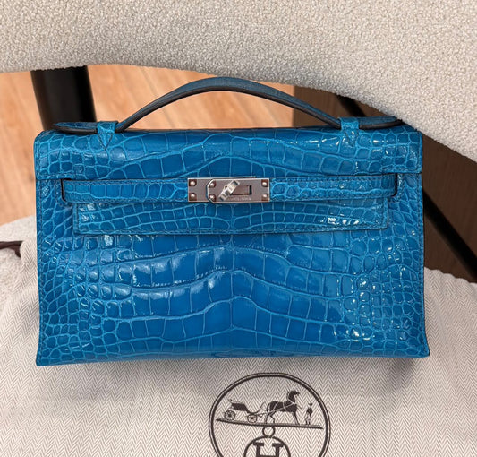 Hermes Kelly Pochette blue Mykonos shiny alligator palladium hardware