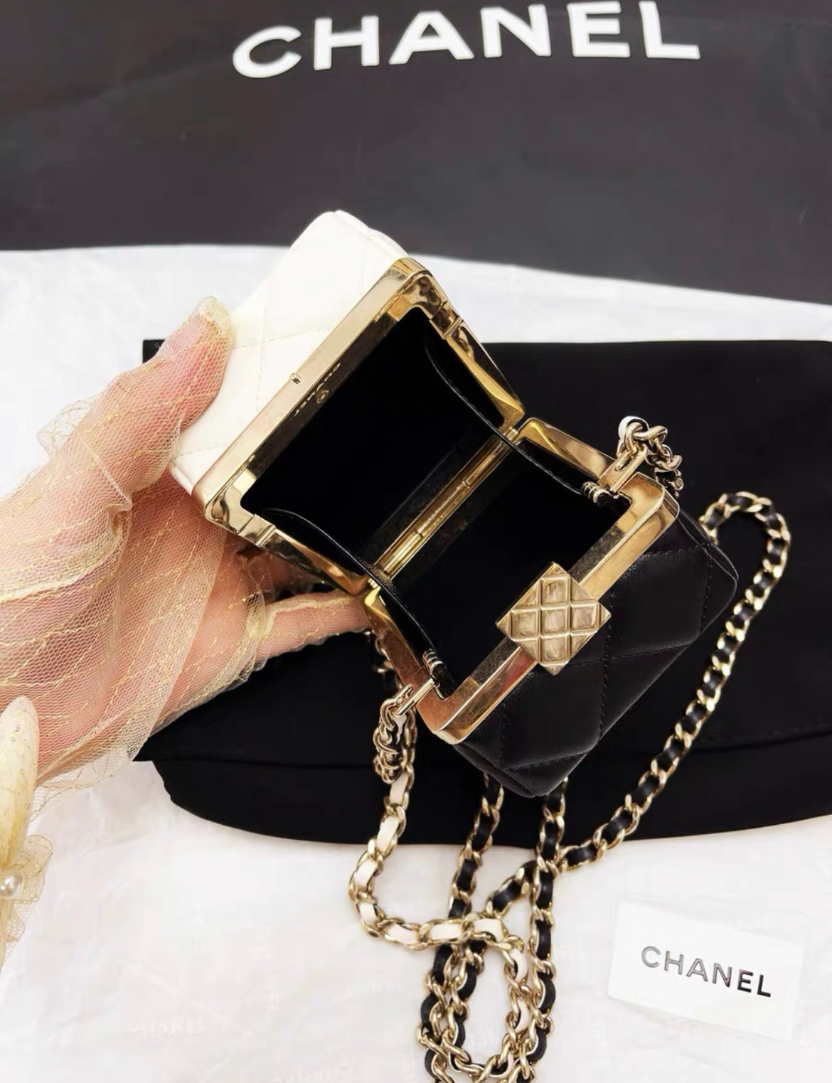 Chanel 23C black and white spell dice evening bag