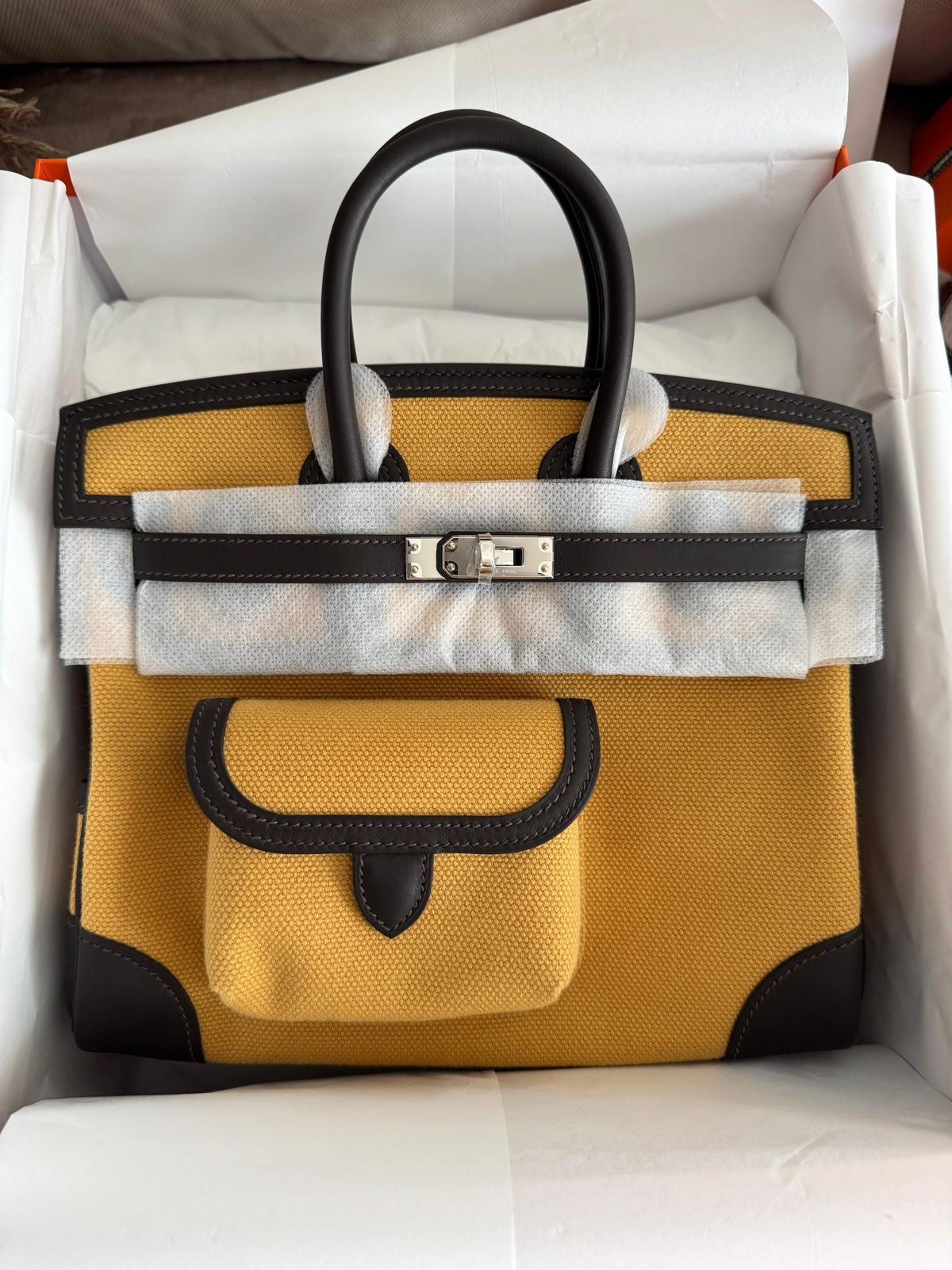 Hermes Birkin 25 Cargo Bai Brun Swift & Paille Toile Palladium Hardware