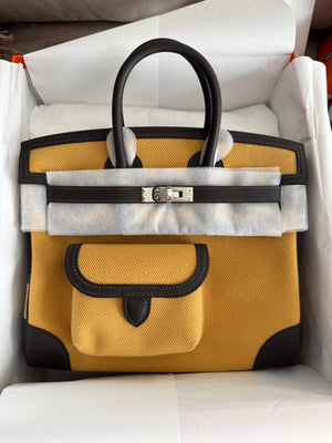 Hermes Birkin 25 Cargo Bai Brun Swift & Paille Toile Palladium Hardware
