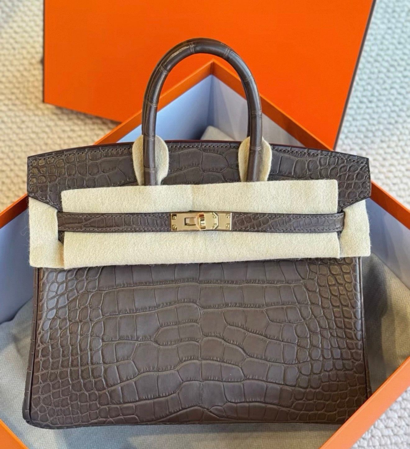 Hermes Birkin 25 Mocha Matte Crocodile Leather Gold Hardware