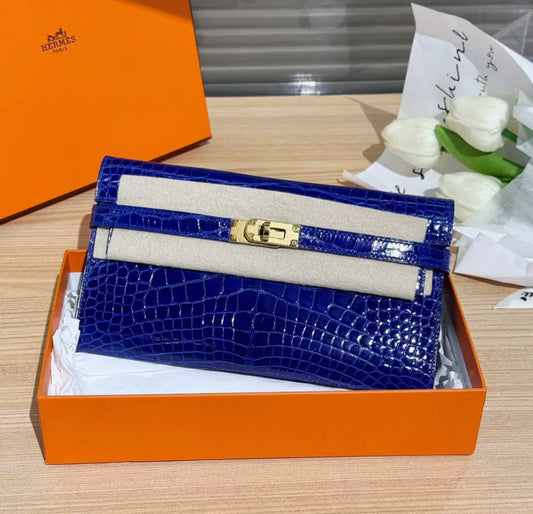 Hermès Kelly long electric blue shiny crocodile leather gold hardware