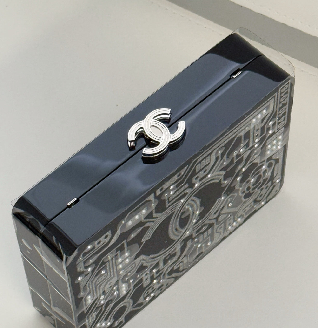 Chanel 17S Black Acrylic Diamond-Studded Box Bag Minaudières