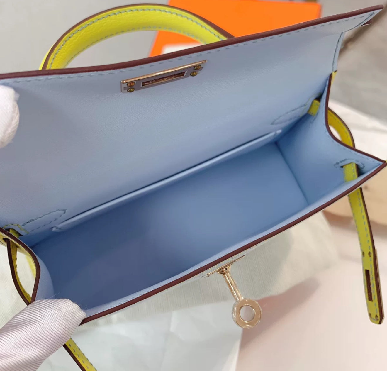 Hermès Mini Kelly Blue & Yellow Goatskin Leather Gold Hardware