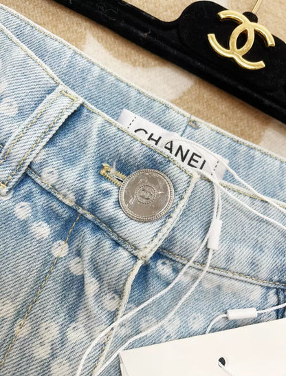 Chanel 25P Light Blue Denim Pearl Print CC Logo Baggy Jeans