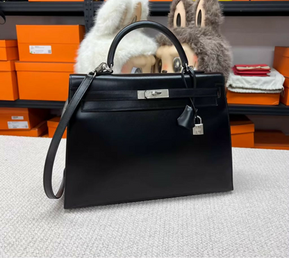 Hermès Kelly 35 Black Box Leather Palladium Guilloche Hardware