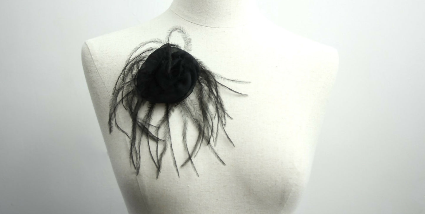 Chanel Vintage 81-85 Tulle Feather Black Camellia Silk Brooch