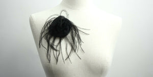 Chanel Vintage 81-85 Tulle Feather Black Camellia Silk Brooch