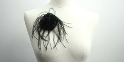 Chanel Vintage 81-85 Tulle Feather Black Camellia Silk Brooch