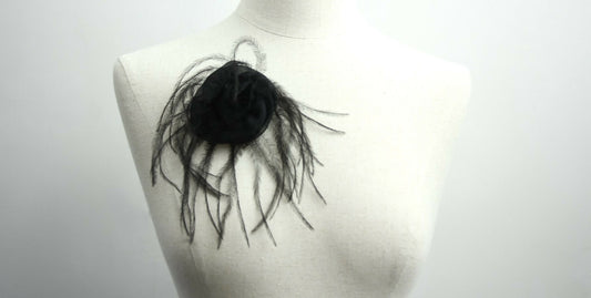 Chanel Vintage 81-85 Tulle Feather Black Camellia Silk Brooch