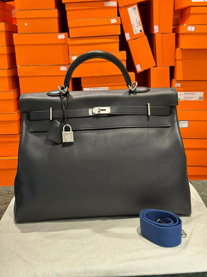 Hermès Kelly Voyage 50 Black Evercolor Palladium Hardware