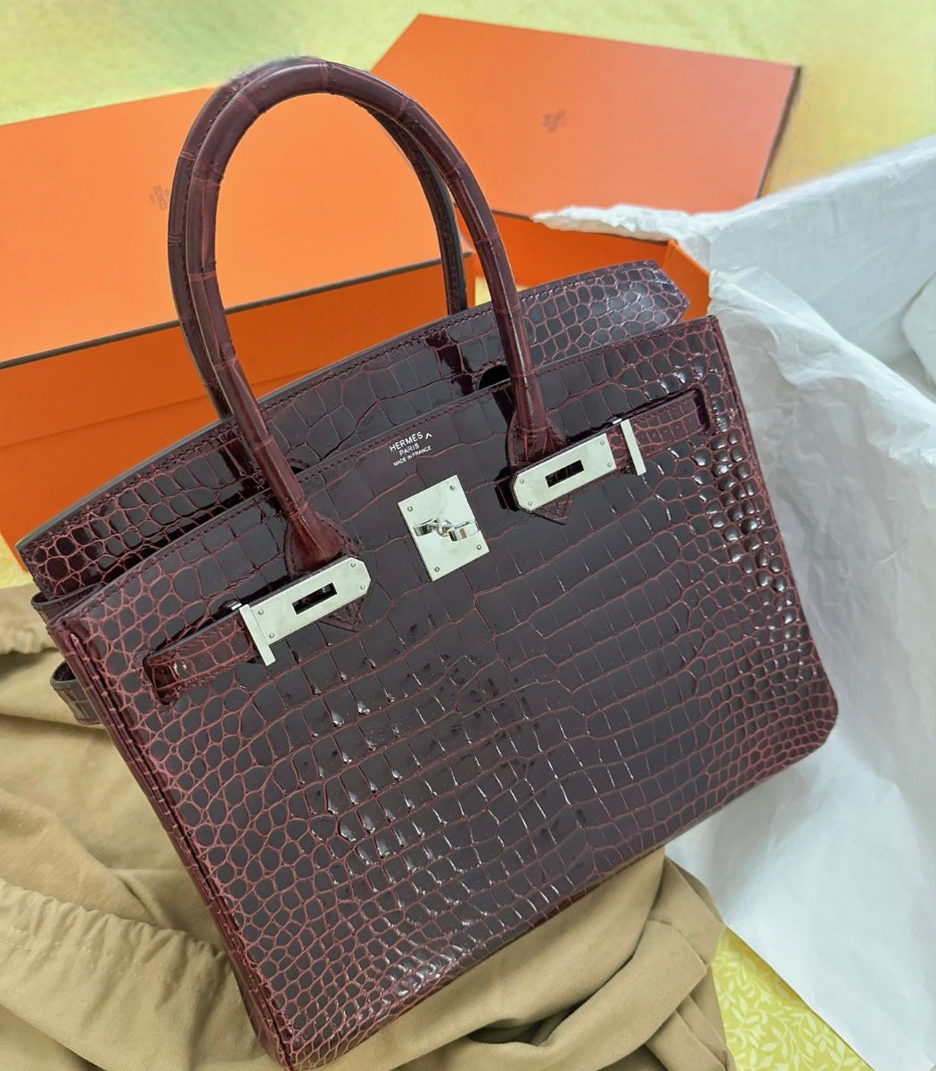 Hermes Birkin 30 Bordeaux Shiny Crocodile Leather Palladium Hardware