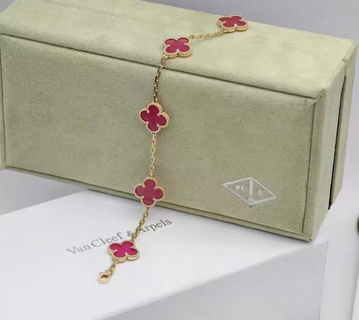 Van Cleef & Arpels Vintage Alhambra 5-Motif Bracelet Translucent Pink Enamel with Rose Gold / Yellow Gold Hardware