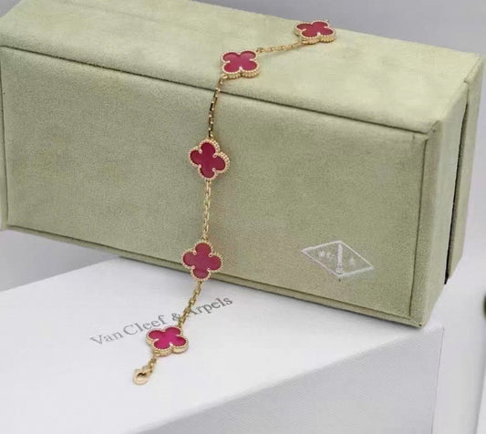 Van Cleef & Arpels Vintage Alhambra 5-Motif Bracelet Translucent Pink Enamel with Rose Gold / Yellow Gold Hardware