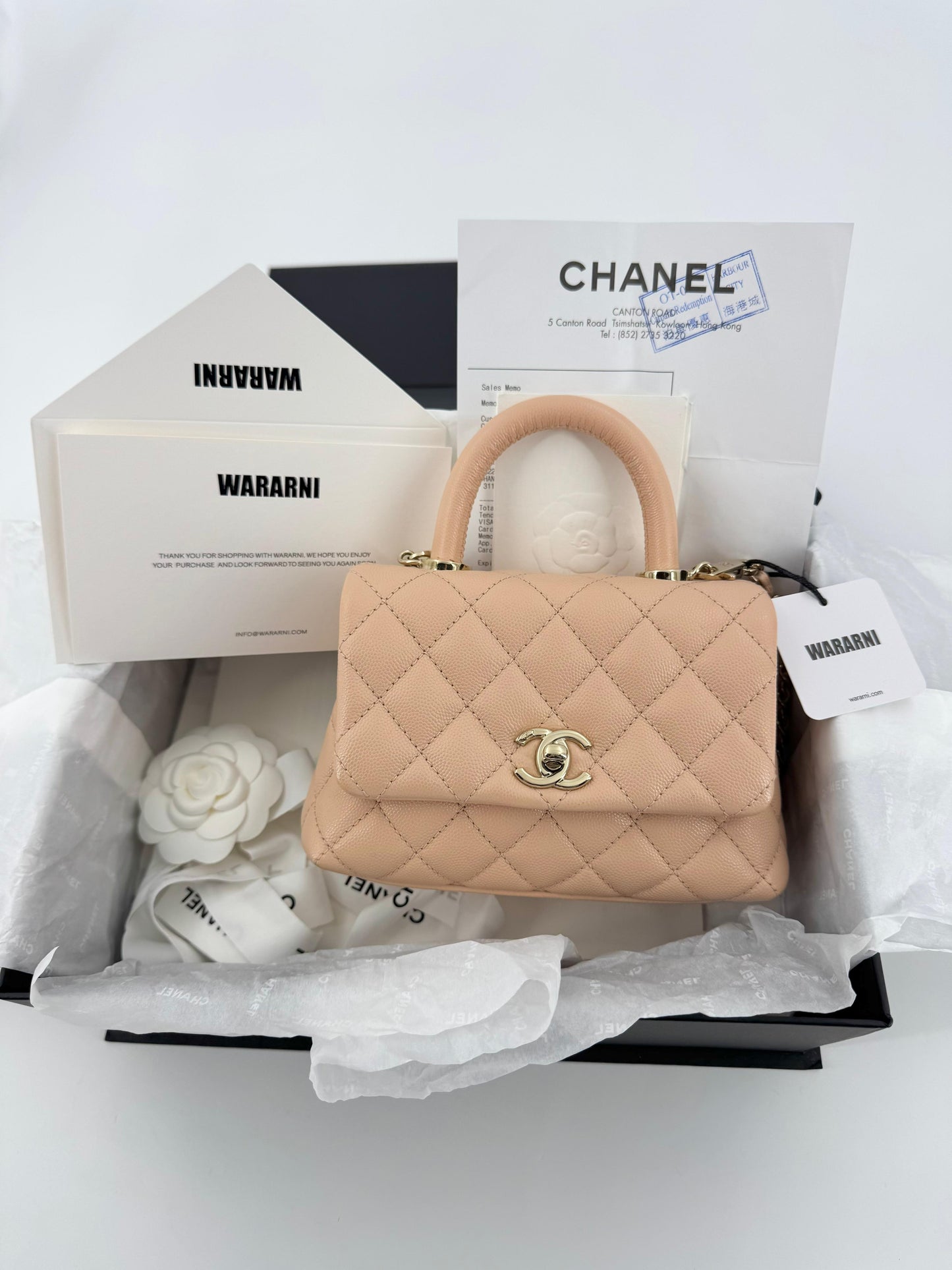 Chanel peach grained leather mini coco handle with light gold hardware