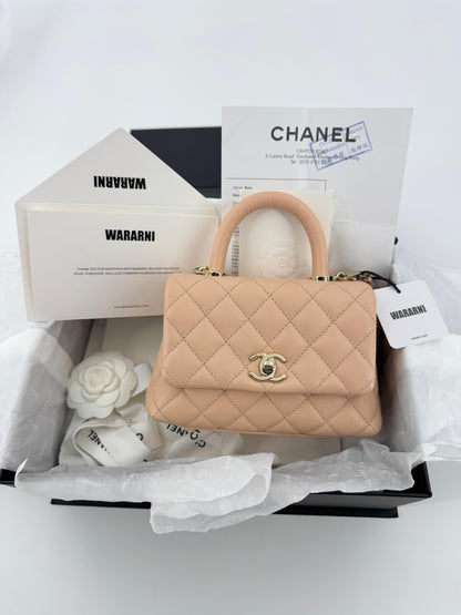 Chanel peach grained leather mini coco handle with light gold hardware