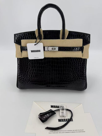 Hermès BIRKIN 25 SHINY BLACK POROSUS CROCODILE DIAMOND WITH 18K WHITE GOLD & DIAMOND HARDWARE, Brand new full set!!!