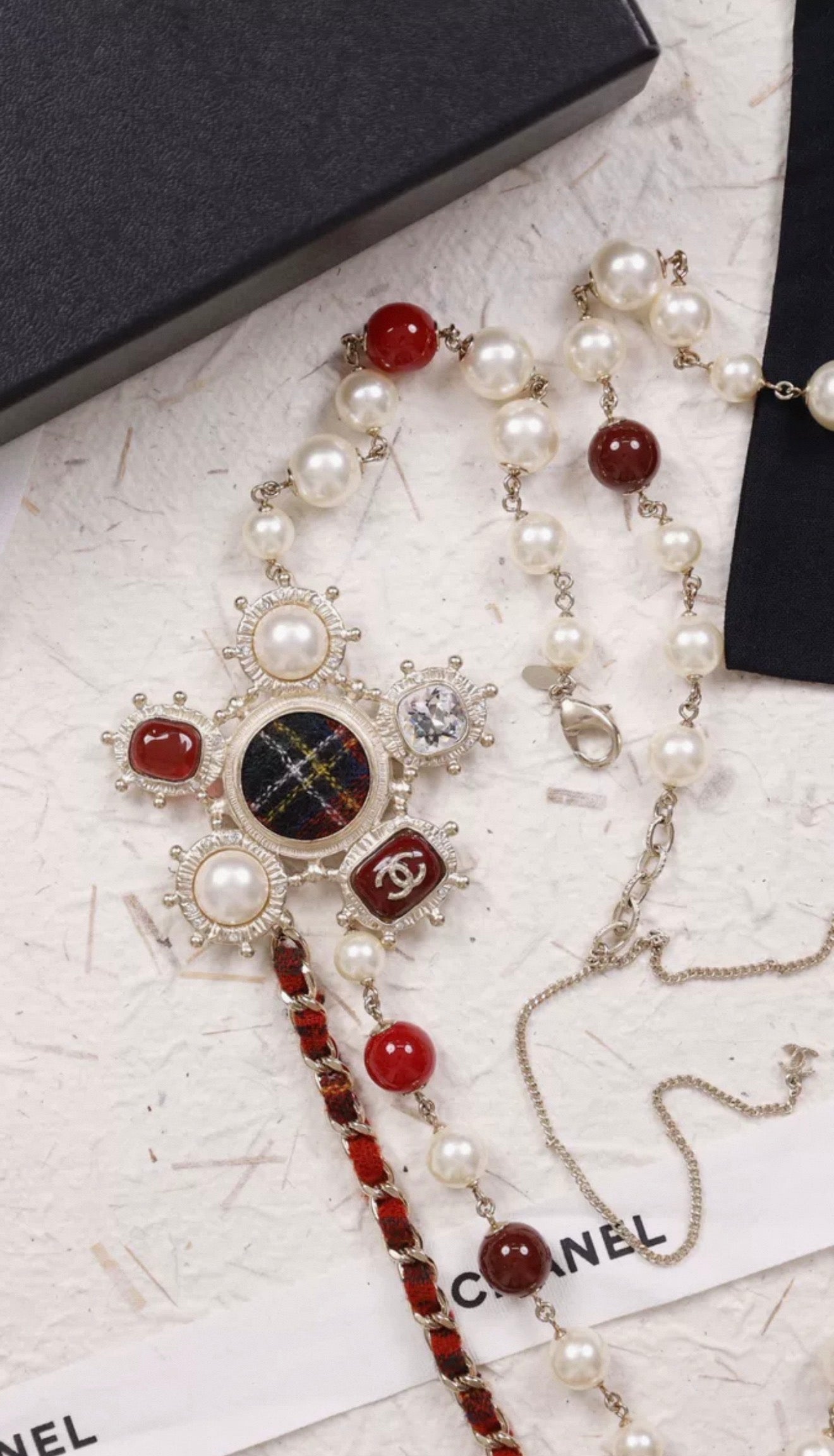 Chanel 2013 Edinburgh Collection Runway Style Red Glass Pearl and Tweed Long Necklace