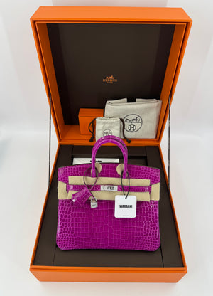 Hermes Birkin 25 rose scheherazade Crocodile Porosus white gold diamond hardware