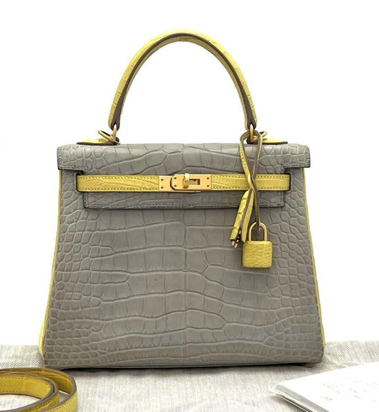 Hermès kelly 25 HSS Mimosa / Gris Perle Matte Alligator Brushed gold hardware