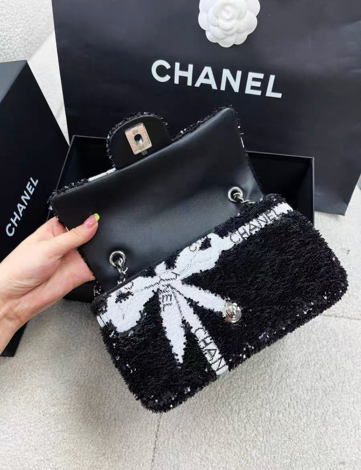 Chanel 24B black and white sequin bow silver hardware mini flap chain bag