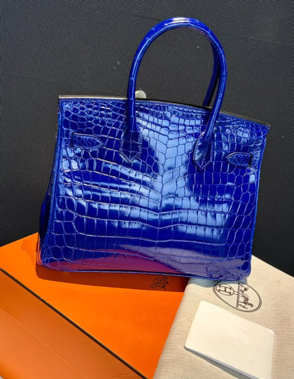 Hermes Birkin30 Electric Blue Shiny Crocodile Leather Gold Hardware