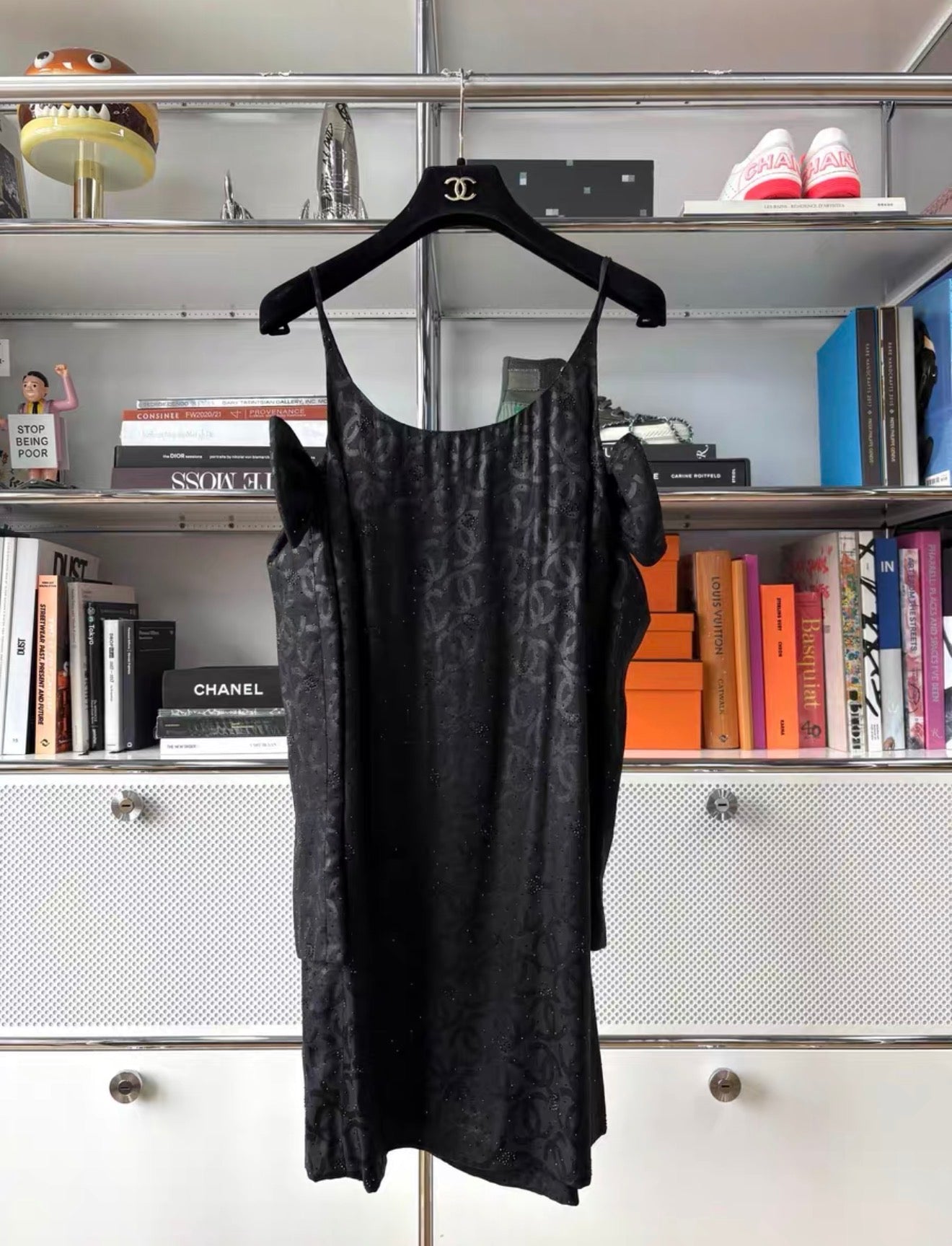 Chanel 23S black silk dress with gloves