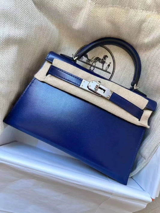 Hermes mini Kelly 20 sapphire blue box leather palladium harwdare