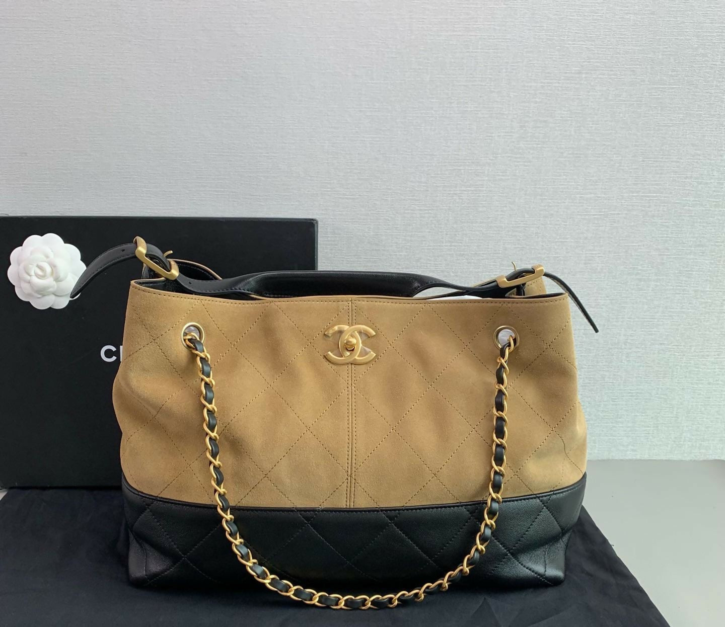 Chanel 2025 Suede Calfskin Shiny Lambskin & Gold-Tone Metal Beige & Black Small Shopping Bag