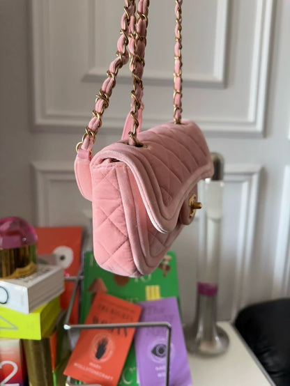 Chanel 22c Peach Pink Velvet Mini Flap Bag