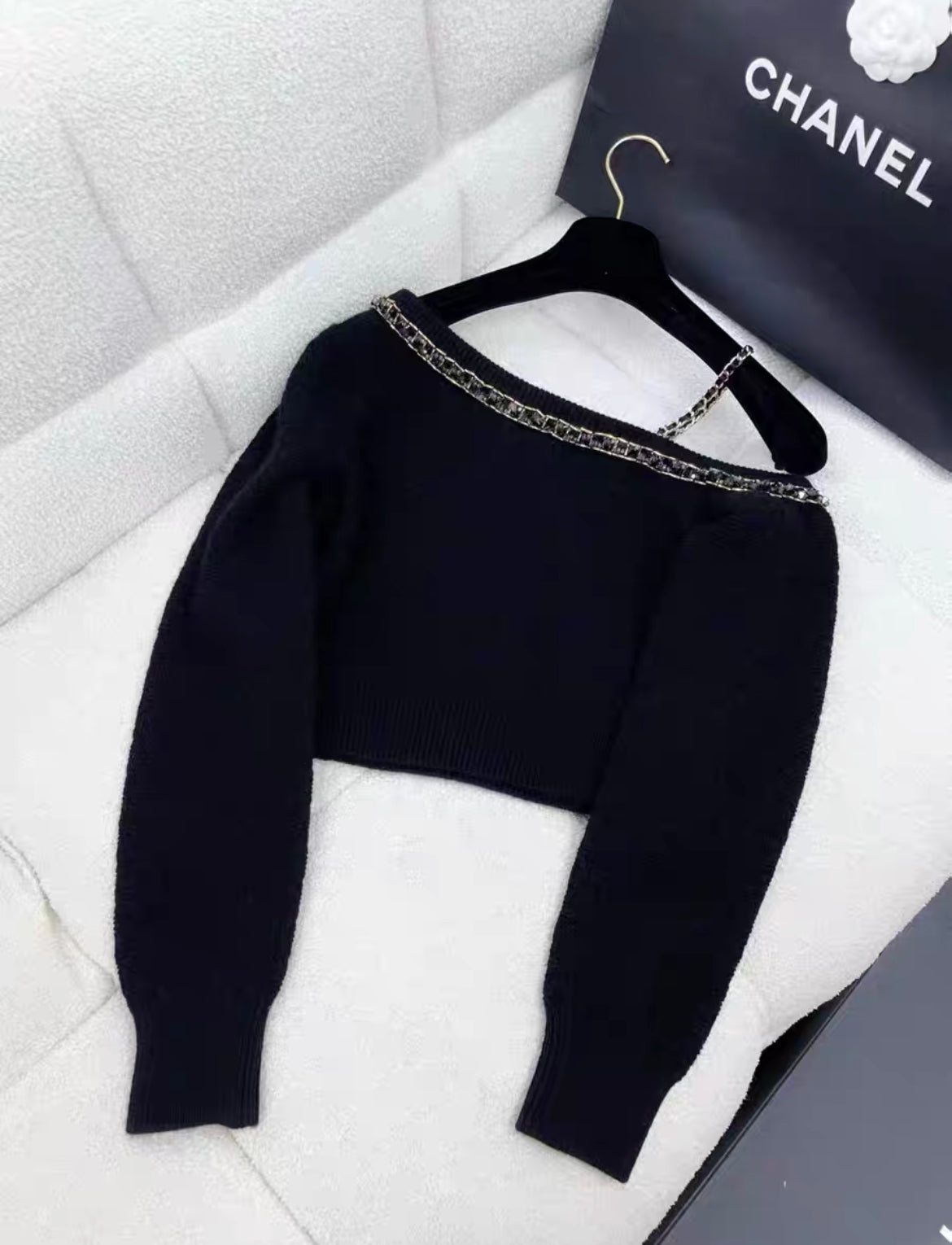 CHANEL 23B CHAIN EMBELLISHED OFF SHOULDER PULLOVER Size 36