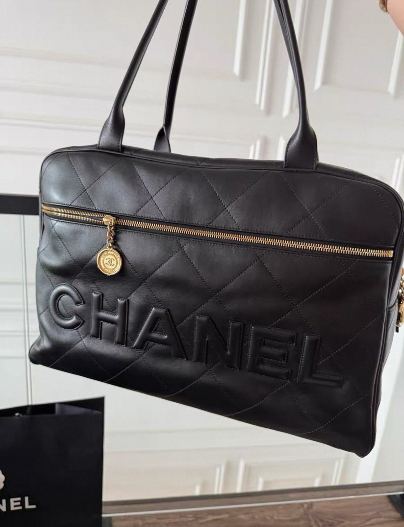 Chanel 23C Black & Gold Maxi Bowling Handbag