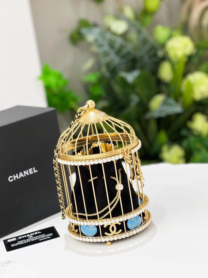 Chanel 20A Metal Crystal Enamel CC Love Bird Cage Minaudiere Clutch Black & Gold Multicolor