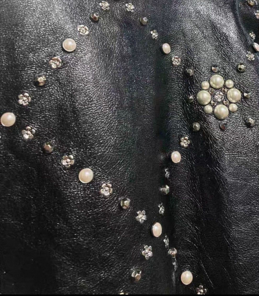Chanel 21A black leather Jacket with Pearls & Rhinestones